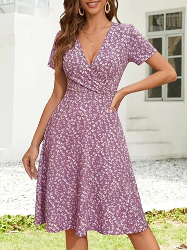Image of MSBASIC Womens Summer Wrap V Neck Casual Dresses Floral Short Sleeve A-Line Midi Sundress