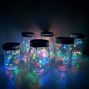 Solar Mason Jar Lights, 6 Pack 10 LED Jar Lid String Lights with 6 Hangers(No Jars), Waterproof Fairy Firefly Light for Garden, Patio, Outdoor, Yard, Lawn Decor(4 Colors)
