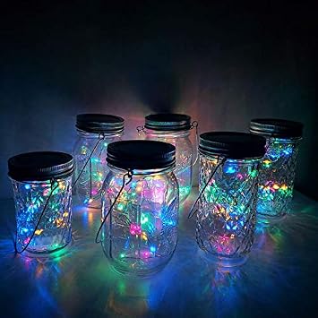 أضواء غطاء جرة ميسون الشمسية ، 8 حزمة 20 LED مقاومة للماء Fairy Star Firefly String Lights مع 8 شماعات متضمنة ، الجرار غير مدرجة ، لـ Mason Jar Table Garden Wedding Party Decor 4 Colors