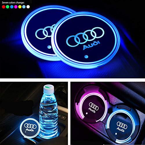 Interestingcar LED Car Cup Holder Lights,LED Car Logo Cup Holder Pad Waterproof Bottle Drinks Coaster Built-in Light 7 Colors Changing USB Charging Mat LED Cup Mat Car Atmosphere Lamp 2PCS (fit Audi)