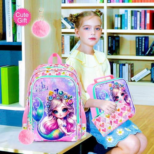 Image of CCJPX 3Pcs Mermaid Backpack for Girls, 16 inch Kids Bookbag with Lunch Box, Water Resistant Elementary School Bag for Kindergarten Preschool Toddler (Pink)