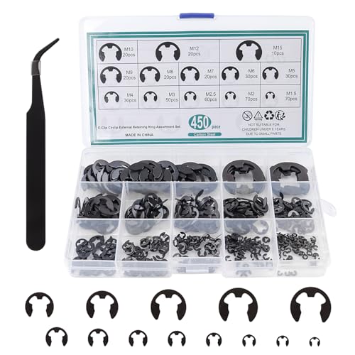 MOLENCO Juego de 450 clips electrónicos, kit de anillos de apertura de retención externa interna, anillos de apertura a presión, varios tamaños, kits surtidos de clips E de acero al carbono, 13