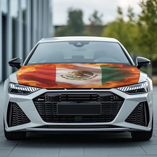 Image of Mexican Flag Print Car Hood Cover Protector Stretchable Car Hood Wrap Blankets Mexican Independence Day Decorations Automotive Exterior Accessories for Compact SUV Sedans Trucks Pickup
