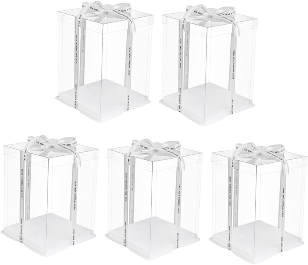 5pcs 8-inch Double-layer Cake Box with Ribbon, Square Food Packaging Container for Birthday Cakes, Dessert Carrier for Bakery and Party Storage