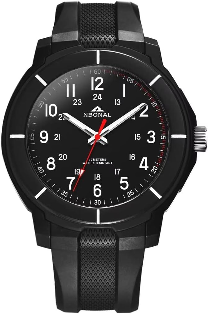 NBONAL Sport Field Watch for Men Black Tactical Watch 30-50M Waterproof 24 Hour Military Luminous Dial Casual Quartz Wristwatch