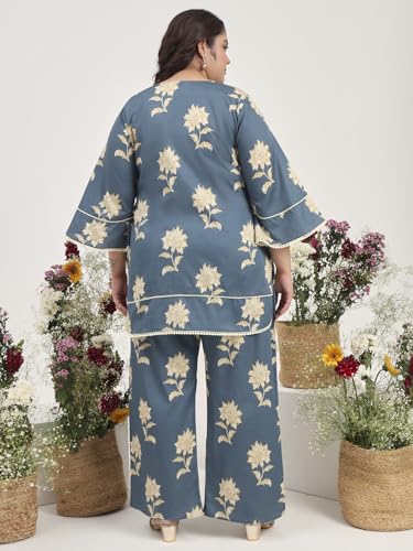 Image of Tissu Women's Plus Size Pure Cotton Grey Floral Tunic with Palazzo Co-ords