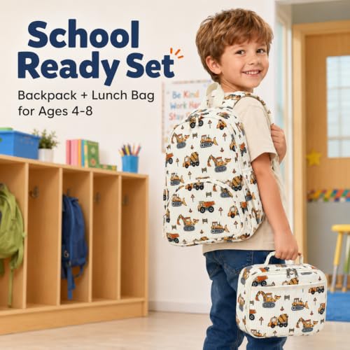 Image of LOIDOU Kids Backpack with Lunch Box Set, Toddler Preschool Boy Backpack with Chest Strap Kindergarten Backpack LunchBox Combo (Construction Car)