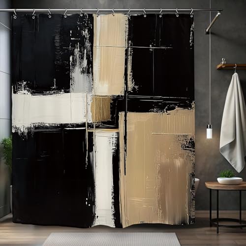Kalmico Abstract Modern Neutral Shower Curtain 60Wx72L Inch Black Tan Minimalist Contemporary Art Brush Stroke Painting Bathroom Set Accessories Decor with 12 Pack Hooks