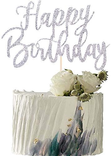 YUINYO Handmade Glitter happy birthday Cake Topper, Happy Birthday Cake Bunting Decor,Birthday Party Decoration Supplies (Silver)