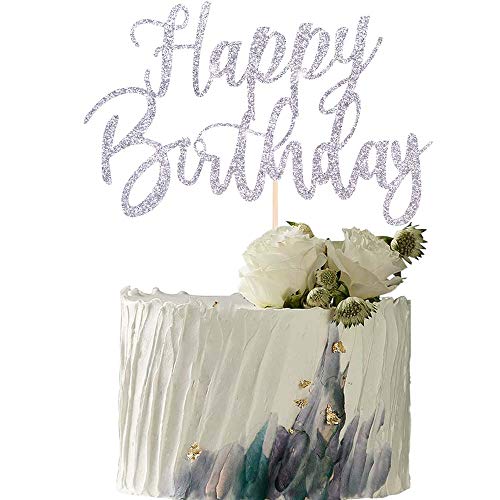 Yuinyo Handmade Glitter Happy Birthday Cake Topper, Happy Birthday Cake Bunting Decor,Birthday Party Decoration Supplies (Silver) #TOP3