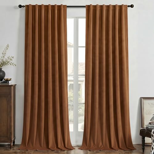 Image of Joydeco Golden Brown 100% Blackout Curtains 96 Inches Long 2 Panels Set, Black Out Curtain for Bedroom Living Room, Heavy Luxury Thermal Insulated Velvet Curtains Rod Pocket Back Tab, 52W x 96L