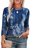 XIEERDUO 3/4 Length Sleeve Womens Tops Round Neck Pleated Tunic Tops for Women Loose Fit Dressy Blue Printed XL