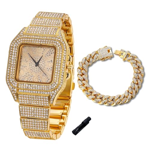 Image of Halukakah Diamonds Watch Iced Out for Boy Teens Kids - 18K Real Gold /Platinum Plated,Arabic Numerals Square Dial,Japanese Quartz - 7.3 inch Length - Optional with Cuban Link Chain - for Birthday,Parties