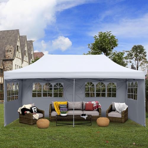 Image of 10x20ft / 3x6m Pop up Outdoor Canopy Tent | Portable Shade Instant Folding Gazebo Tent | Heavy Duty Gazebo Canopy Shelter 2 Mins Installation | White, 40Kgs (White with 3 Window Side Walls)