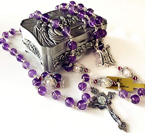 elegantmedical Handmade Sterling Silver Wire Wrapped Amethyst Beads &10mm Real Pearl Beads Rosary Cross/Crucifix Necklace Box Catholic Womens Gift