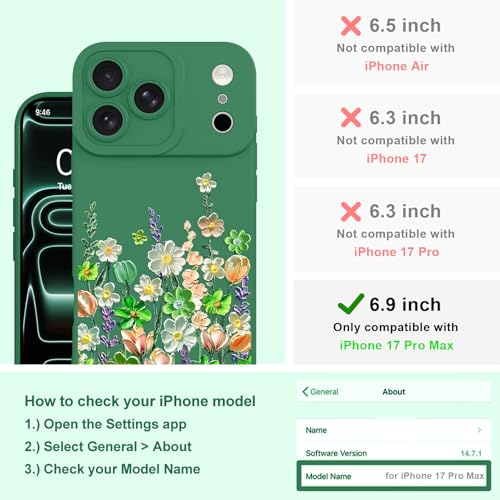 Image of Designed for iPhone 17 Pro Max Case Floral for Women Girls, Green | Cute Oil Painting Flower Pattern Liquid Silicone Phone Case [Full Camera Protection] Slim Soft TPU Protective Cover