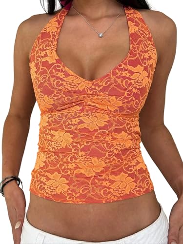 Sexy Spitzen-Tanktop für Damen, tiefer V-Ausschnitt, rückenfrei, bauchfrei, offener Rücken, ärmellos, schmale Passform, Y2K Sommer-Top, A-Orange,...