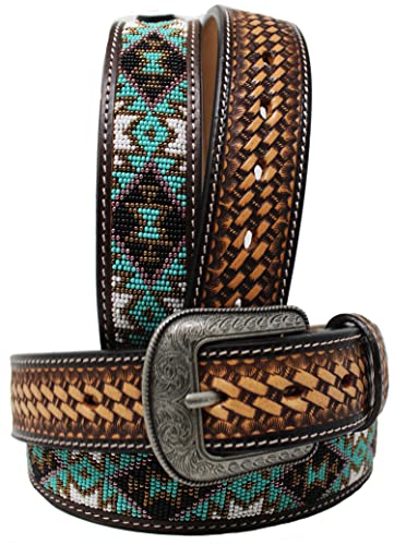 CHALLENGER Mens Women 1.5" Western Tooled Beaded Genuine Leather Belt Amish 26RT082