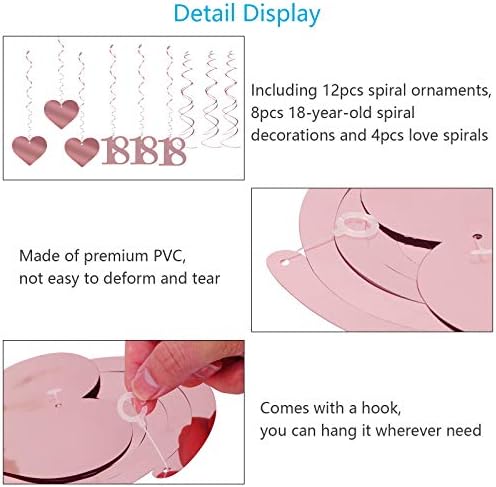 CHALA 24pcs Rose Gold 18th Hanging Swirls,Spiral Streamers Hang Decoration with Love Heart for Celebration Girl and Women Adult Birthday Party Decor Supplies