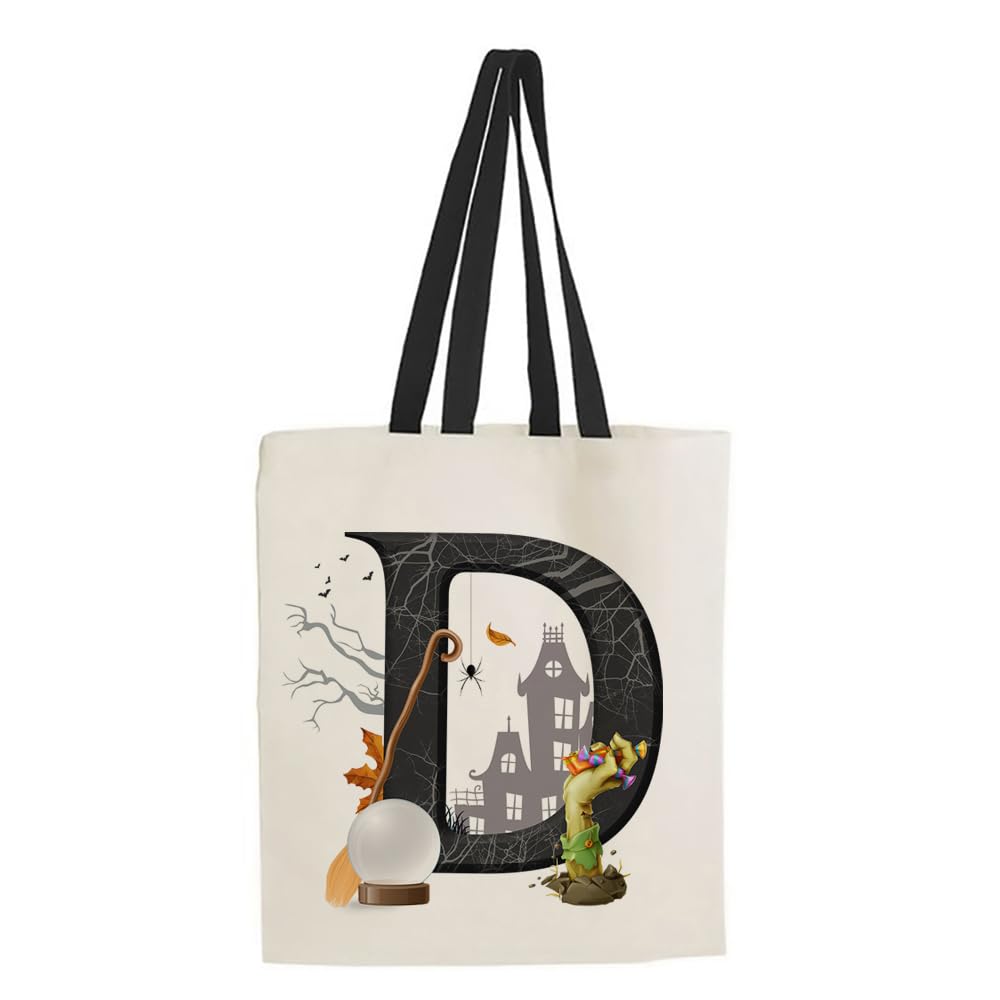 Halloween Tote Bags - Initials, Trick or Treat, Reusable Shopping Bags for Girls - Black Handle, Pumpkin Party Gift