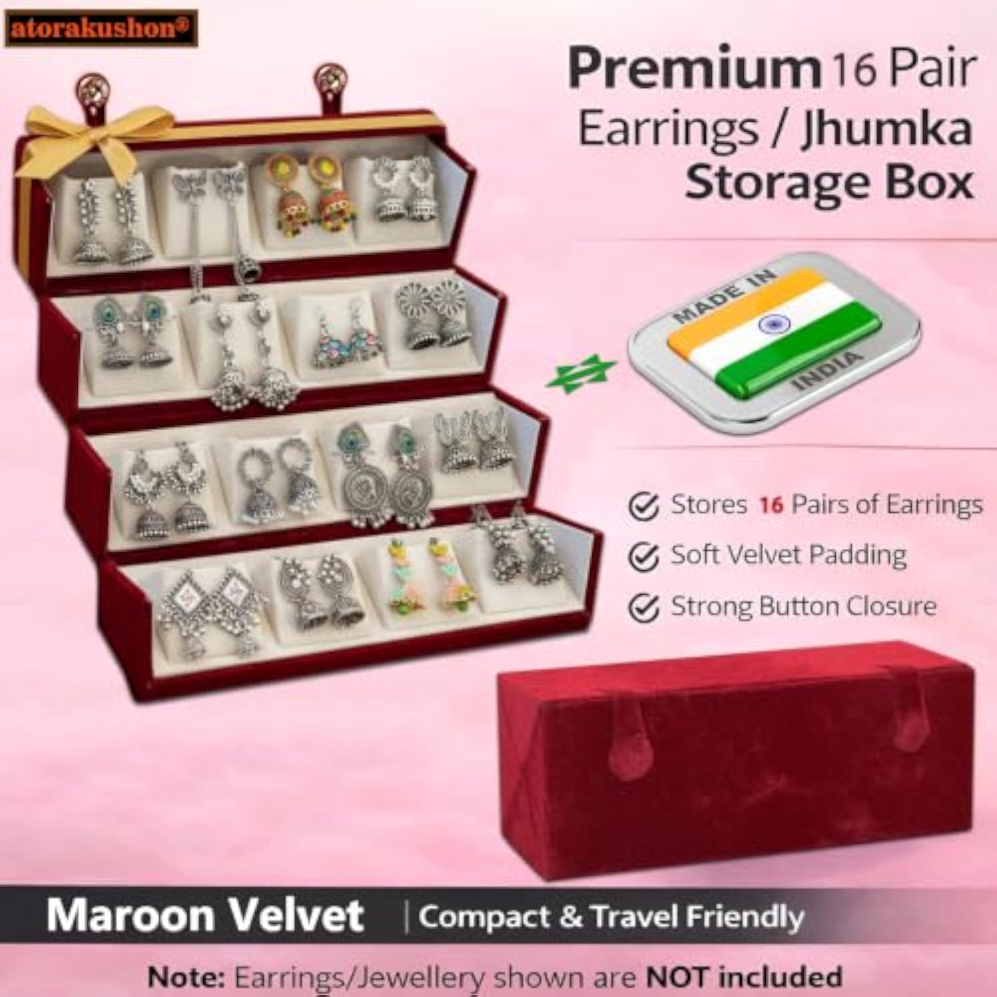 Women's Velvet 16 Pair Earrings Organizer Jewellery Box, Maroon