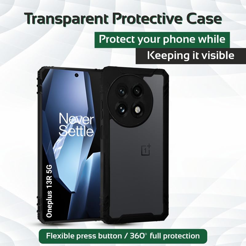 Image of AIBEX Crystal Clear Back Cover Case for OnePlus 13R 5G | Shockproof Transparent Case | 360 Protection | Non-Yellowing Back | Slim Fit with Black Bumper | PC & TPU Material