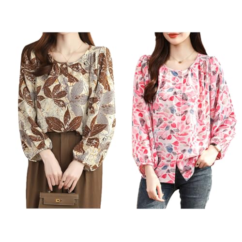 Image of TOPLOT Women's Shirt Top | Elegant Floral and Artistic Prints for a Stylish Look | Long Puffed Sleeves for a Trendy Touch | Stylish Available in Pack of 2 (5233)