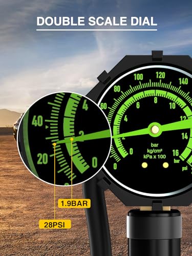 Image of Bike Tire Inflator with 230 PSI Dual-Scale Glow Analog Pressure Gauge, Universal Presta & Schrader Locking Air Chuck for Air Compressor, 360 Swivel Hose, Brass Chuck, Inflation Kit with Storage Case