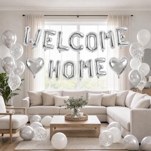 Image of TONIFUL Silver Welcome Home Balloon Set - 16 Inch Mylar Foil Letter Balloons with Silver Heart Balloons for New Home, Housewarming, Welcome Back, Military Homecoming, Retirement Party Decorations