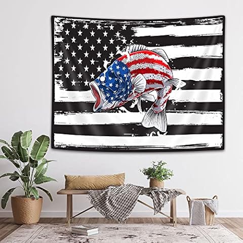 Fishing Tapestry Bass Fish Tapestry Fishing Sports Hobby Leisure Passtime Casual Sports Tapestry Hippie American Flag Rustic Stars and Stripes USA Flag Wall Tapestry for Bedroom Living Room Dorm 60X40 Cover