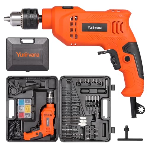 4.5Amp 1/2-inch Corded Impact Drill Hammer Drill with 105pcs Accessories, Variable Speed 0-3000, Hammer and Drill 2 Functions in 1, 360°Rotating Handle, Depth Gauge, Carrying Case Included
