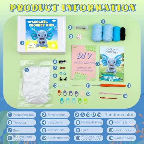 Image of Pnytty Crochet Kit for Beginners, Blue Axolotl Crochet Starters Kit