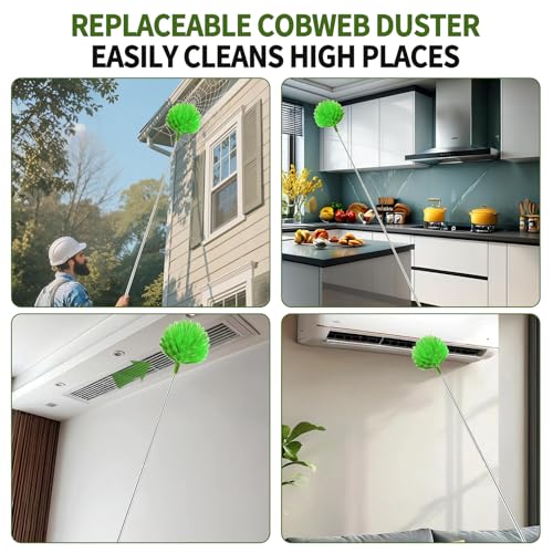 Cobweb Duster with Extension Pole,Washable Cleaning Duster Set with 2 Duster Heads,Corner Brush,15-110-Inch Telescoping Pole for high Ceiling Fans, Long Duster for High Ceilings,Spider Web Brush - Image 3