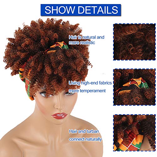 Aisaide Wrap Wigs For Black Women,Short Kinky Curly Wigs Brown Wigs With Bangs Headwrap Wigs 2 In 1,Synthetic Short Afro Wigs High Puff Full Wigs Ombre Brown Wig With Scarf Turban Drawstring Wig #TOP5