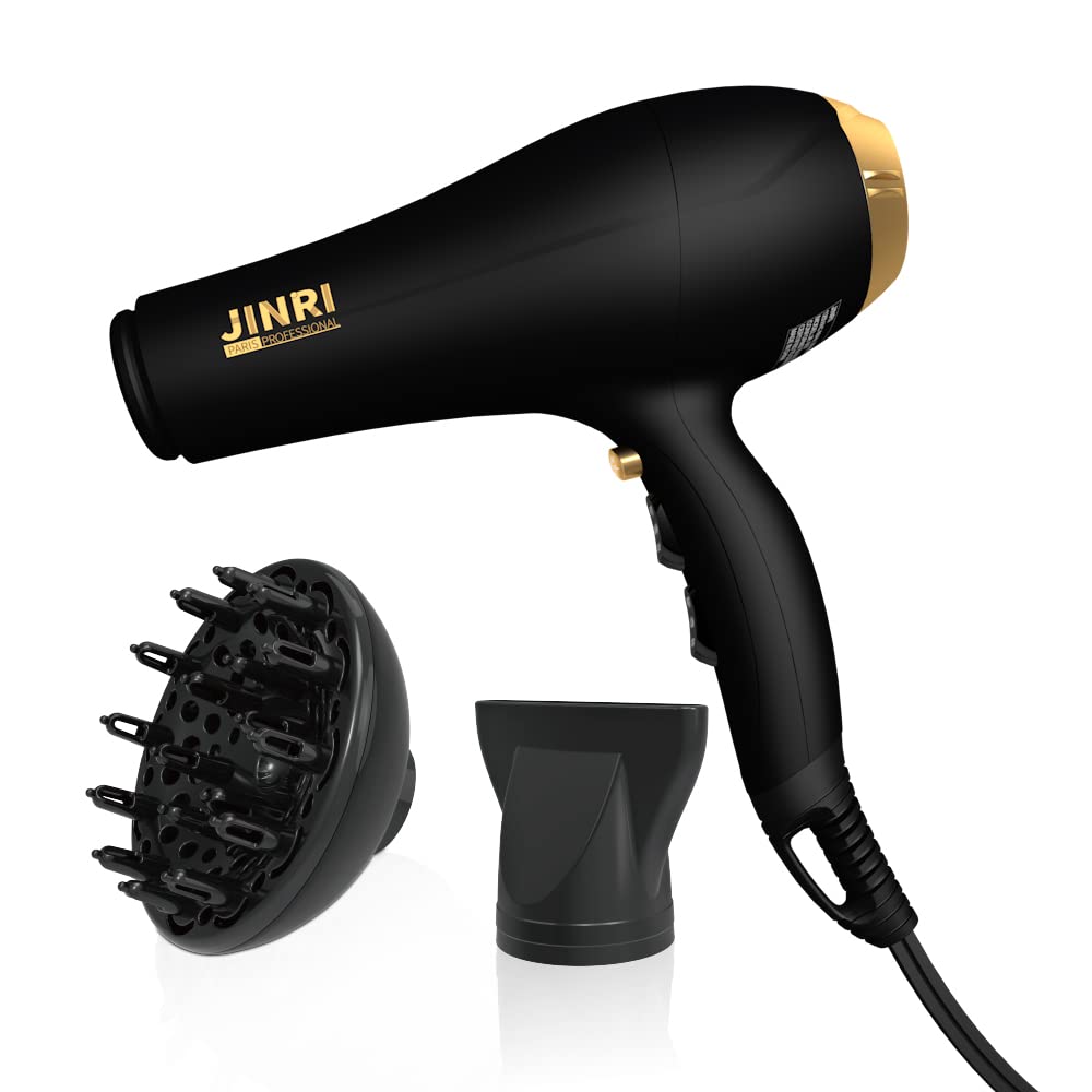 JINRI 2000W Hair Dryer with Negative Ion & Infrared - Black, 3 Heat & 2 Speed, Detachable Air Intake, Concentrator/Diffuser, Hanging Strap