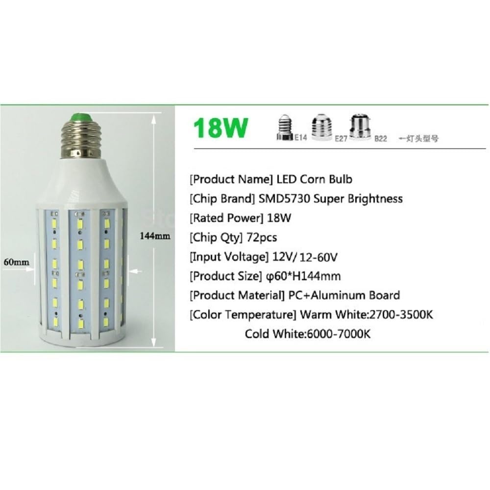 RZL Iluminación, Paquete de 20 bombillas LED tipo maíz, DC12 V, E27, 7 W, 10 W, 15 W, 18 W, 25 W, 5730 SMD, ángulo de haz de 360 ​​grados, for jardín y garaje(E27 base Warm White,12v 10w)