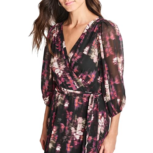 Image of DKNY Women's Chiffon Balloon Sleeve Faux Wrap Midi Dress with High-Low Hem