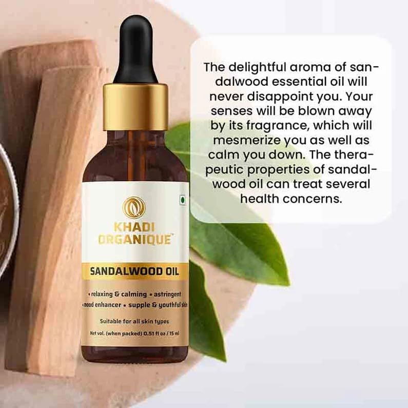 Image of Khadi Organique Sandalwood Essential Oil (Therapeutic Grade) | Deep Hydration & Relaxation | Enhances Skin Glow, Promotes Healthy Hair Scalp, Meditation & Aromatherapy | Diffuser & Massage Oil 15ml