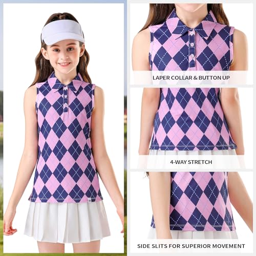 Image of Soneven Girls Sleeveless Polo Shirts Button UP Golf Tennis T-Shirts with Collared Quick Dry Tank Tops for 4-14 Years