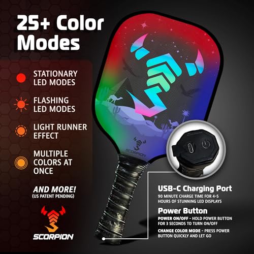 Image of SCORPION LED Pickleball Paddles Set of 2 or 1 - Lightweight Rackets with LED Edge Lighting | Carbon Fiber /Fiberglass /Wood Face | Durable Paddles for Women, Men, and Kids | Includes Bonus Accessories