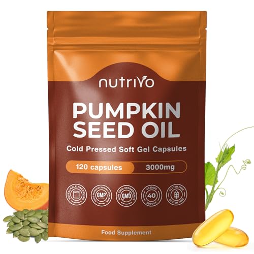 Pumpkin Seed Oil Capsules 3000mg (per 3 Soft Gel Serving) | 120 Capsules | Cold Pressed | Pumpkin Seed Oil for Hair Prostate and Bladder | UK Made