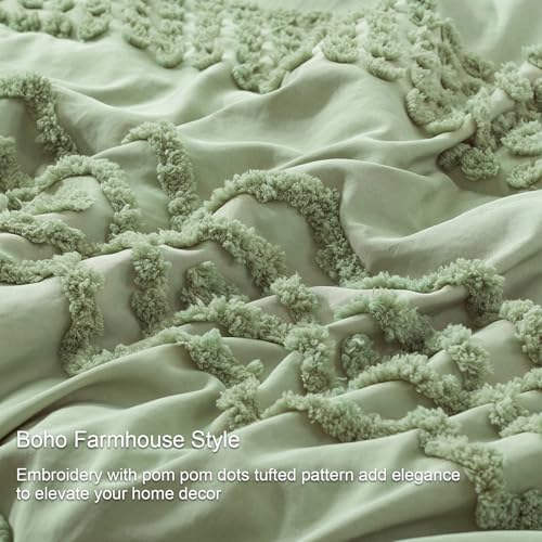 Image of Luxudecor Sage Green Tufted Comforter Set Queen Size 3 Pieces Boho Shabby Chic Comforter Farmhouse Embroidery Bedding Set Soft Comforter for All Seasons (Sage Green, 90''x90'')