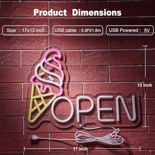 Image of Ice Cream Open Neon Sign for Wall Decor Dimmable Business Store Drink Shop LED Neon Light USB Powered Neon Art Signs Decor