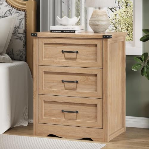 Image of Xixini Nightstand Set of 2 with 3 Storage Drawers, Tall Side Table, Oak