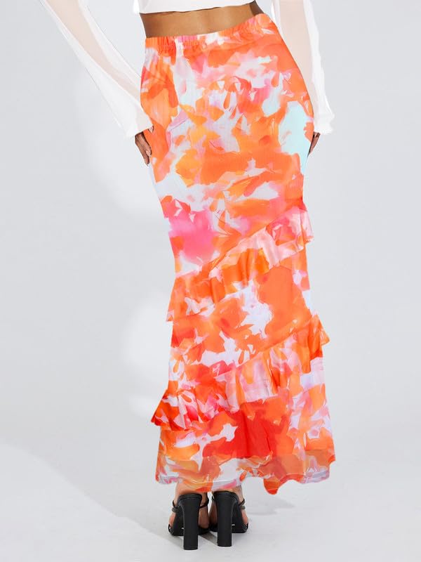 WISFRUIT Women's Floral Print Mesh Maxi Skirt Tiered Ruffle High Waisted Flowy Summer Long Skirt3