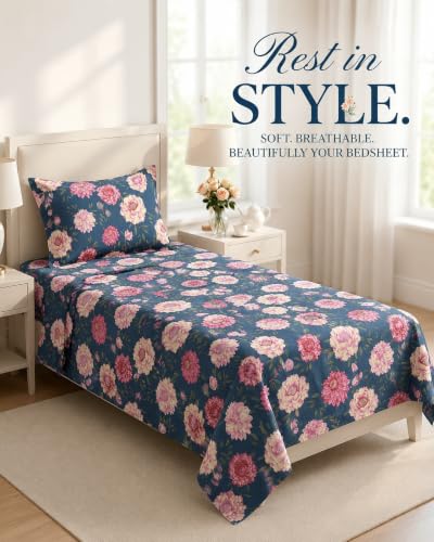 Image of VAS COLLECTIONS 240 TC Premium Cotton Single Bedsheet, Soft Breathable Comfortable Floral Printed Bed Sheet, Elegant Durable Bedding for Bedroom, Easy Care Single Bed Cover, 60 x 90 Inches - Teal Blue