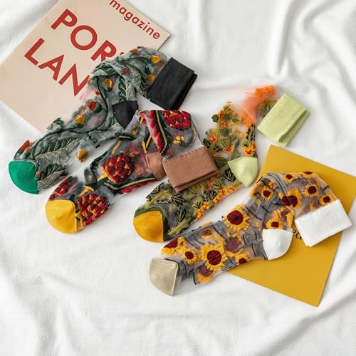 Women Floral Sheer Socks Elastic See Through Summer Thin Mesh Lace Jacquard Cottagecore Accessories Y2K Socks 8 Pairs2