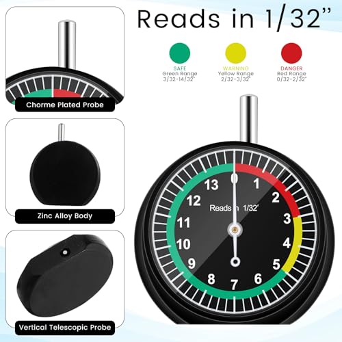 Image of Tallew 2 Pack Tire Tread Depth Gauge in 32nds Dial Type Tire Depth Gauge Bulk with Color Coded Easy Reading Professional Tool for Motorcycle Car Truck Bus, Black
