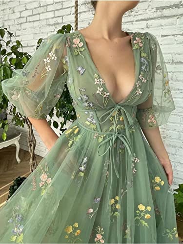 Image of Women's Puffy Sleeve Prom Dresses Fair Flower Embroidery Tulle Green Formal Evening Party Gowns