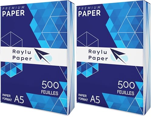 RAYLU PAPER - Folios A5 80gr de Papel Premium Multiusos para Impresoras Láser, Inkjet y Fotocopiadoras, para Oficina y Hogar (500 Hojas, A5) (Paquete de 2)
